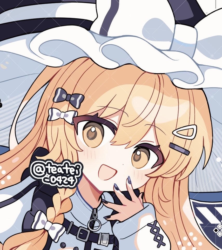 shirocha tei, kirisame marisa, touhou, commentary request, 1girl, :d, black bow, black hat, black nails, blonde hair, blush, bow, braid, dot nose, double-parted bangs, frilled hat, frills, hair between eyes, hair bow, hair ornament, hairclip, hand up, hat, hat bow, long hair, long sleeves, looking at viewer, nail polish, open mouth, portrait, shirt, single braid, smile, solo, twitter username, watermark, watermark grid, white bow, white shirt, yellow eyes, zipper