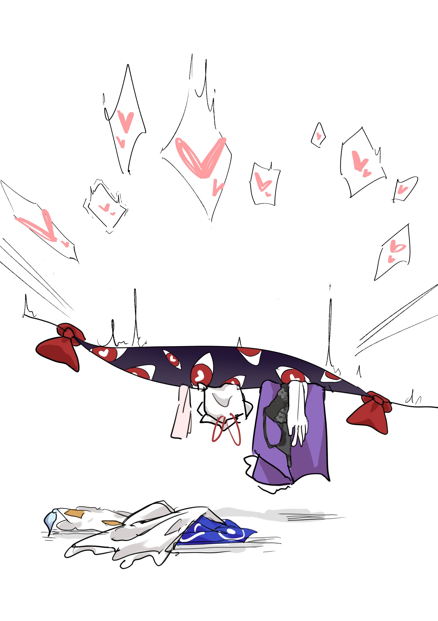 yakumo ran, yakumo yukari, touhou, commentary request, highres, dress, gap (touhou), gloves, hat, heart, implied sex, mob cap, motutigire, unworn clothes, unworn dress, unworn gloves, unworn hat, unworn headwear, white hat, yuri