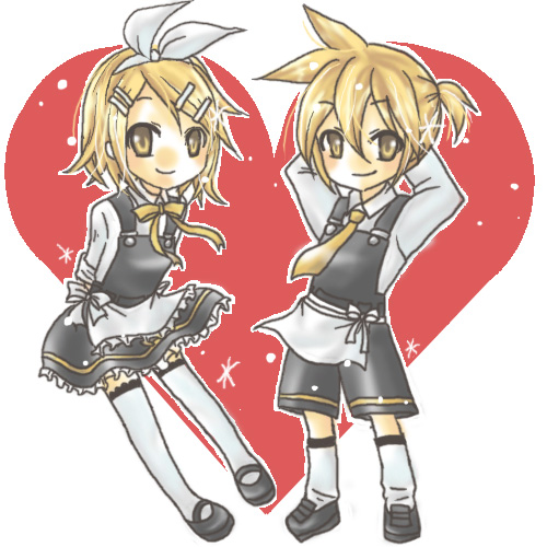 mikage (hotair), mikage (pixiv341935), kagamine len, kagamine rin, hitobashira alice (vocaloid), vocaloid, lowres, 1boy, 1girl, blonde hair, brother and sister, hair ornament, hair ribbon, hairclip, heart, necktie, ribbon, shoes, short hair, shorts, siblings, smile, socks, thighhighs, twins, yellow eyes, yellow necktie