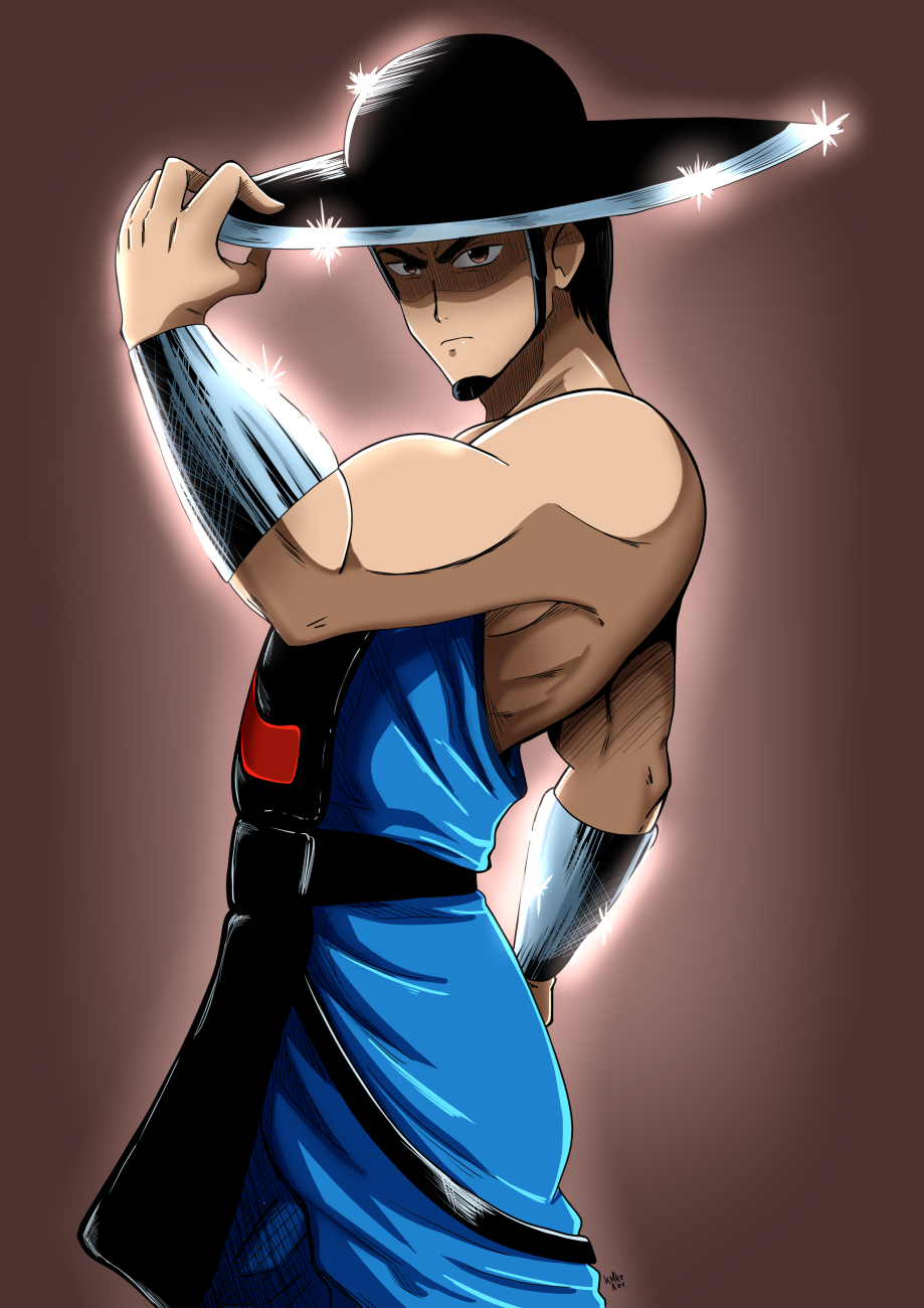 kmkz-art, kung lao, mortal kombat (series), highres, 1boy, angry, bare shoulders, black eyes, black hair, blue pants, brown background, chinese clothes, hat, looking at viewer, male focus, pants, serious, shaolin monk, simple background, solo, solo focus, strap, wrist guards