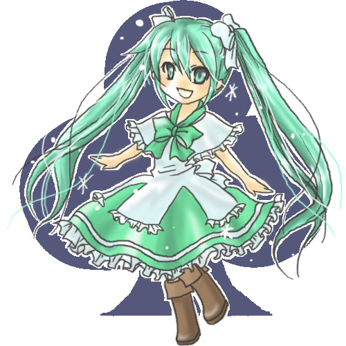 mikage (hotair), mikage (pixiv341935), hatsune miku, hitobashira alice (vocaloid), vocaloid, lowres, 1girl, aqua eyes, aqua hair, boots, clubs, dress, female focus, frills, hair ribbon, long hair, ribbon, smile, solo, twintails