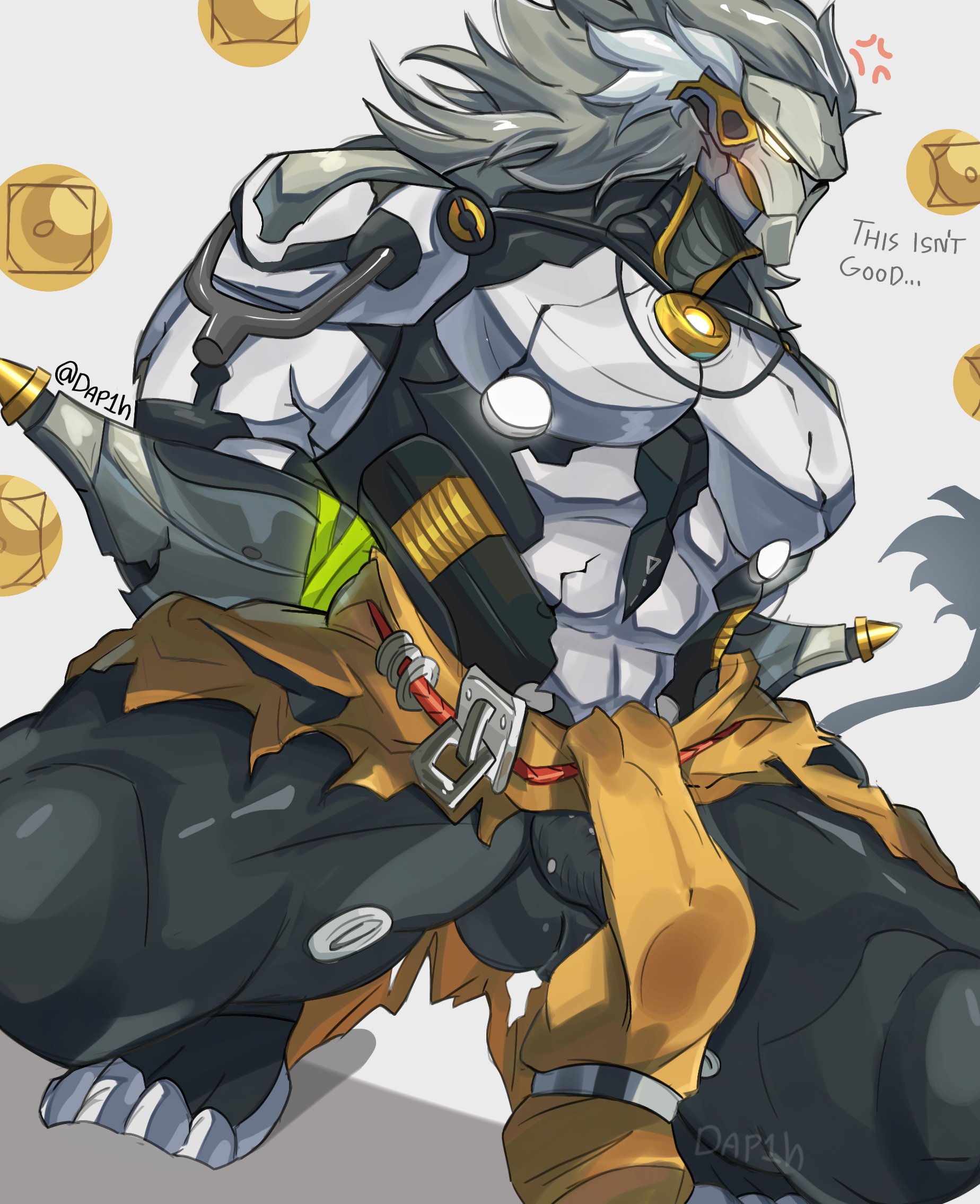 dap1h, banyue (zenless zone zero), zenless zone zero, commentary, english commentary, highres, 1boy, anger vein, arms behind back, artist name, bara, bound, bound arms, clothes around waist, english text, grey hair, male focus, multicolored hair, orb, penis, penis peek, robot boy, squatting, tail, testicles, twitter username, white hair