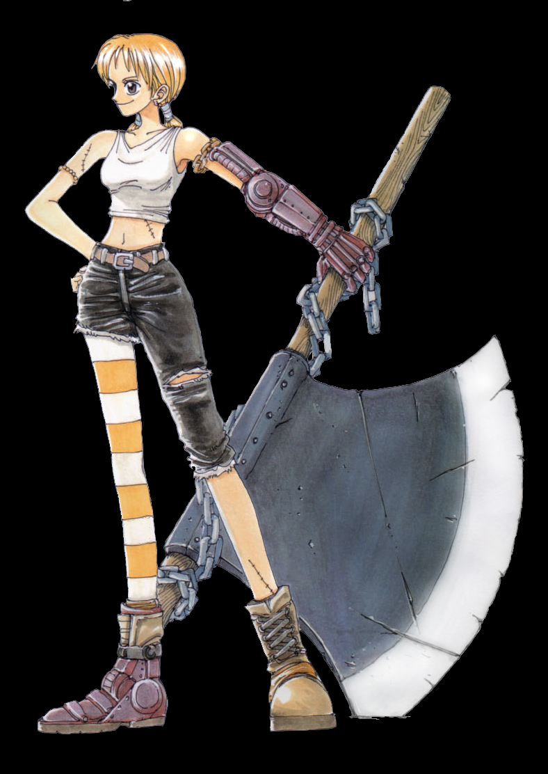 oda eiichirou, nami (one piece), one piece, concept art, official art, 1girl, axe, battle axe, black background, boots, chain, cyborg, female focus, full body, hand on own hip, hip focus, huge weapon, midriff, orange hair, pantyhose, scar, simple background, solo, standing, striped clothes, striped pantyhose, tank top, twintails, weapon