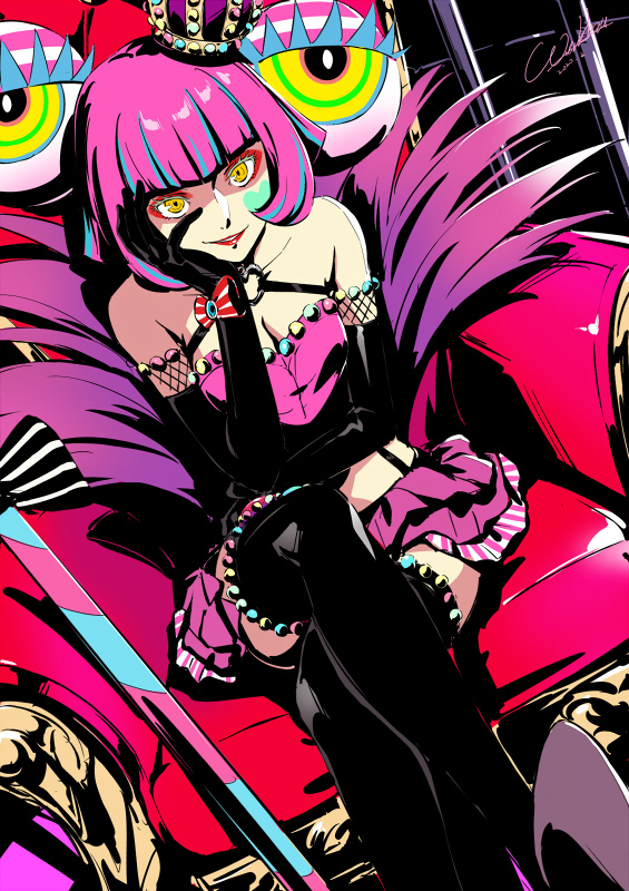 werkbau, hiiragi alice, shadow (persona), persona, persona 5, persona 5 scramble: the phantom strikers, commentary request, blunt bangs, choker, crown, facial mark, glowing, glowing eyes, heart, heart facial mark, mini crown, o-ring