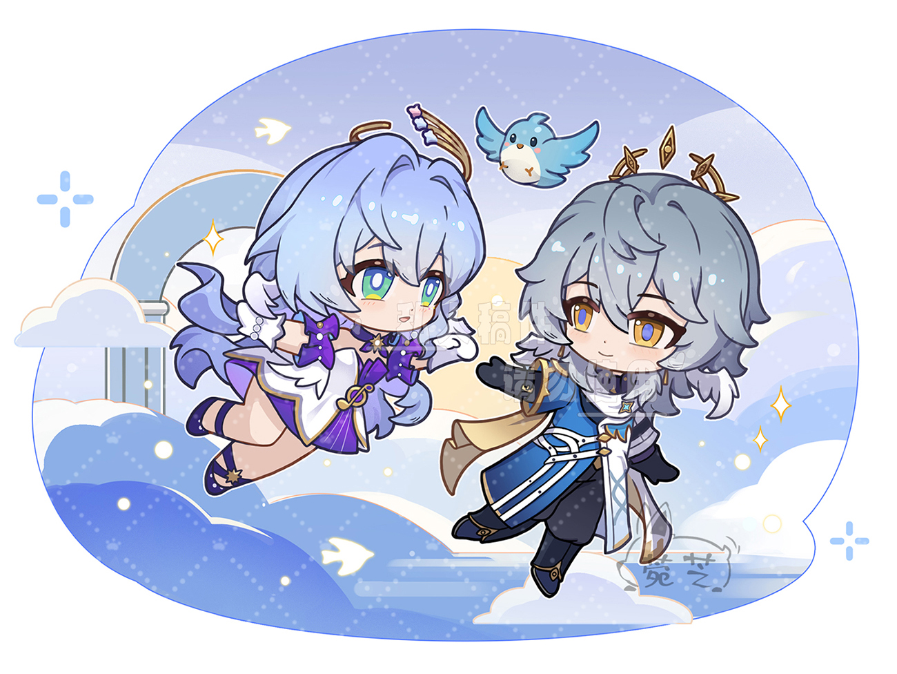 robin (honkai: star rail), sunday (honkai: star rail), honkai: star rail, honkai (series), chinese commentary, commentary request, 1boy, 1girl, :d, bird, black gloves, black pants, blue hair, blue pupils, blue shirt, blush, bright pupils, brother and sister, chibi, chibi only, closed mouth, dot nose, double-parted bangs, dress, full body, gloves, green eyes, green hair, hair between eyes, halo, head wings, long hair, open mouth, outdoors, outline, outstretched arm, pants, purple dress, purple shoes, scarf, shirt, shoes, siblings, smile, sparkle, two-tone dress, wanzhizhiwanzi, white dress, white gloves, white outline, white pupils, white scarf, wings, yellow eyes