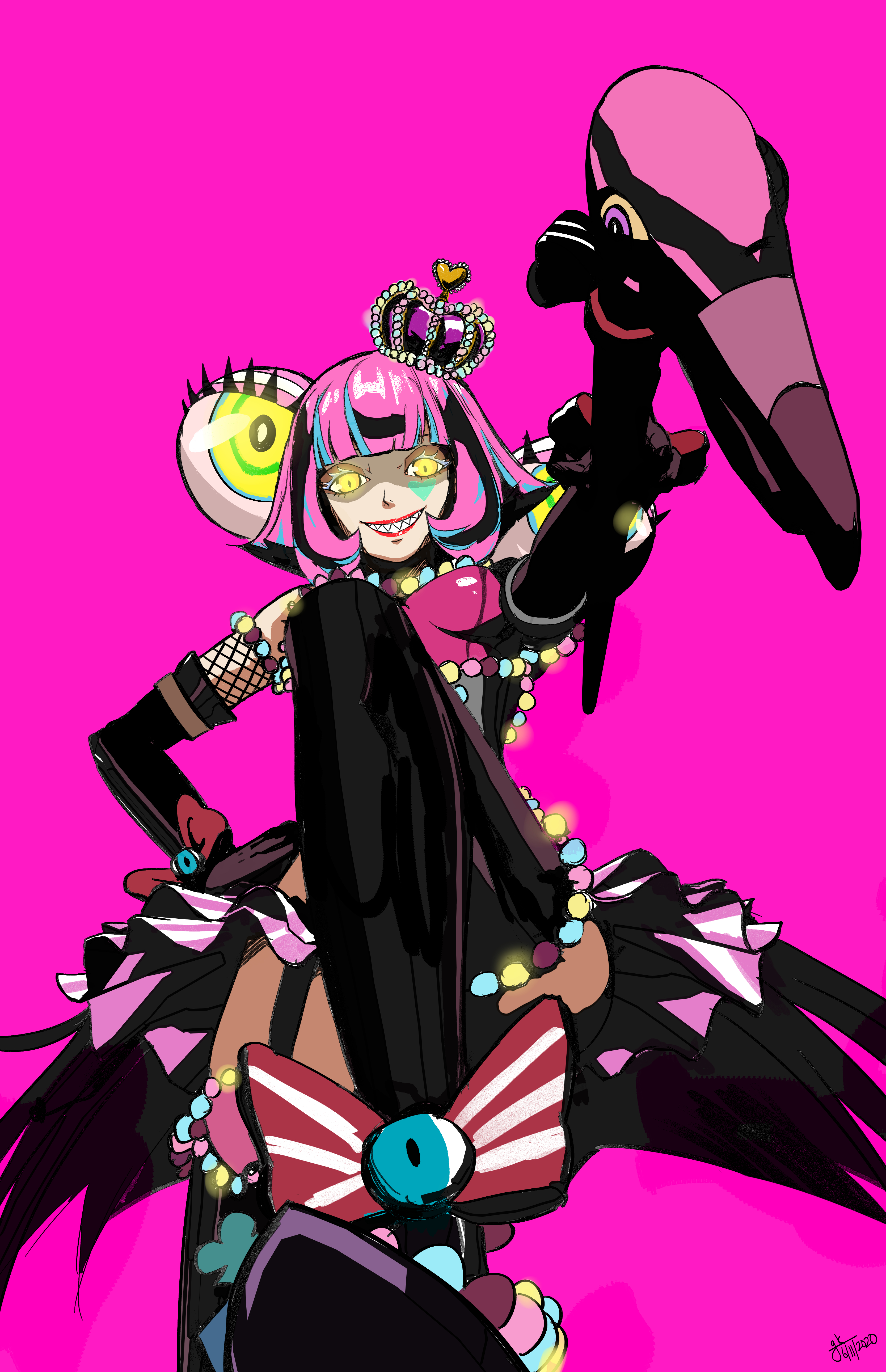 archives.gokulism, hiiragi alice, shadow (persona), persona, persona 5, persona 5 scramble: the phantom strikers, absurdres, highres, blunt bangs, choker, crown, facial mark, glowing, glowing eyes, heart, heart facial mark, mini crown, o-ring