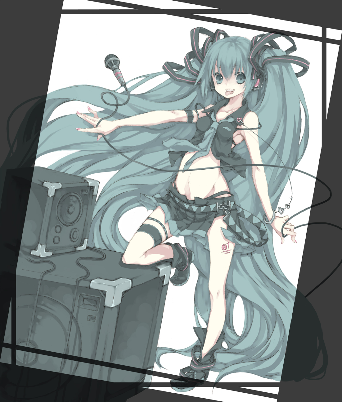naco65, noa (kidoairaku), hatsune miku, vocaloid, highres, 1girl, aqua hair, bracelet, female focus, hair ribbon, jewelry, legs, long hair, microphone, midriff, necktie, ribbon, skirt, solo, speaker, tongue, very long hair