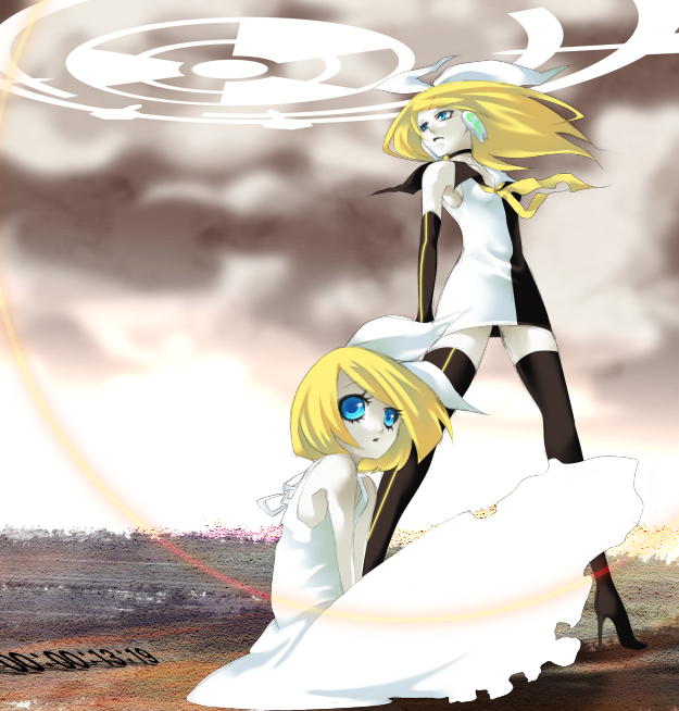 kiyoi, kagamine rin, kagamine rin (roshin yuukai), roshin yuukai (vocaloid), vocaloid, bad id, bad pixiv id, aged up, alternate hairstyle, blonde hair, blue eyes, boots, child, dress, dual persona, elbow gloves, gloves, hair ribbon, headset, long hair, ribbon, sailor dress, sitting, spread legs, standing, thigh boots, thighhighs, white dress, zettai ryouiki