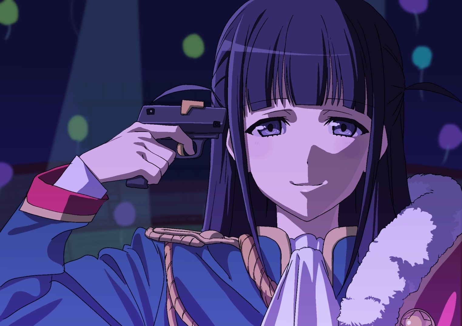 rio (animator), tsuyuzaki mahiru, shoujo kageki revue starlight, commentary request, 1girl, ascot, balloon, baseball stadium, black hair, blue background, blue jacket, blunt bangs, blurry, blurry background, closed mouth, epaulettes, fur-trimmed jacket, fur trim, gradient background, gun, gun to head, hand up, holding, holding gun, holding weapon, jacket, jacket on shoulders, long hair, long sleeves, looking at viewer, partially shaded face, portrait, red jacket, sidelocks, smile, solo, spotlight, starting pistol, symbol-shaped pupils, two side up, weapon, white ascot