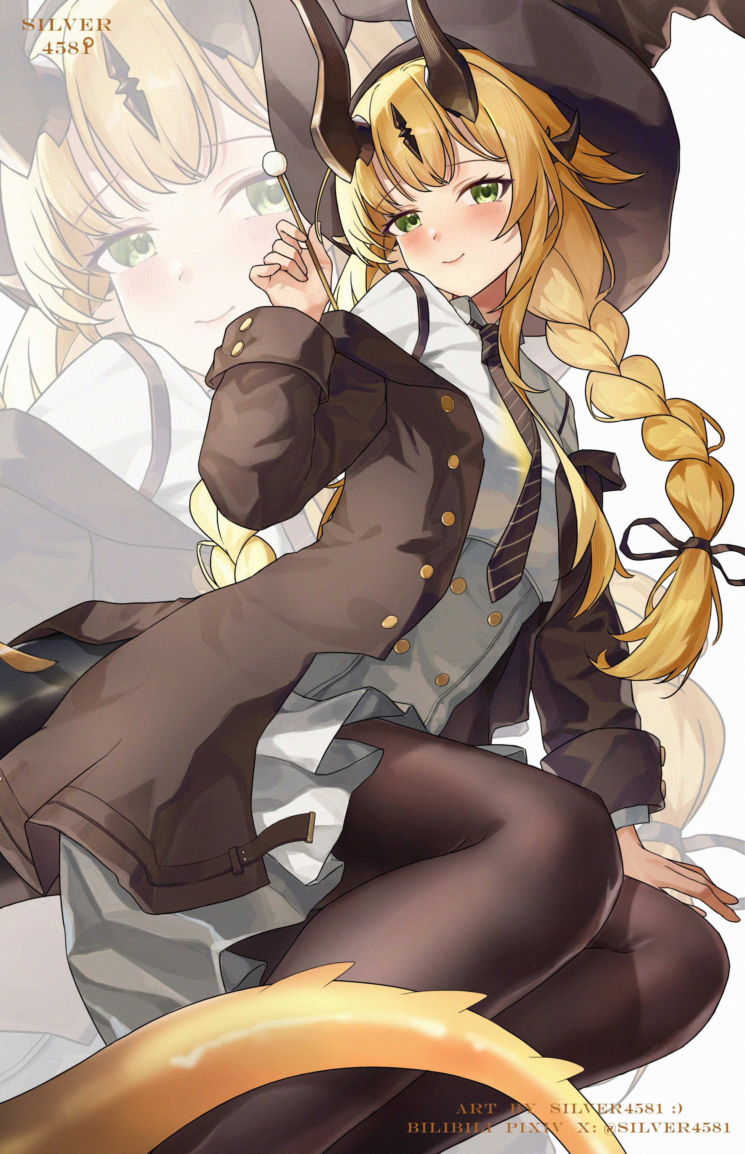 silver4581, reed (arknights), reed the flame shadow (arknights), reed the flame shadow (curator) (arknights), arknights, absurdres, chinese commentary, commentary request, highres, 1girl, artist name, black hat, black horns, black necktie, blonde hair, blush, braid, brown jacket, brown pantyhose, collared shirt, diagonal-striped clothes, diagonal-striped necktie, dragon girl, dragon horns, dragon tail, feet out of frame, green eyes, hand up, hat, holding, horns, jacket, long hair, long sleeves, looking at viewer, necktie, off shoulder, open clothes, open jacket, pantyhose, shirt, simple background, sitting, skirt, smile, solo, striped clothes, tail, twin braids, twitter username, white background, white shirt, white skirt, yokozuwari, zoom layer