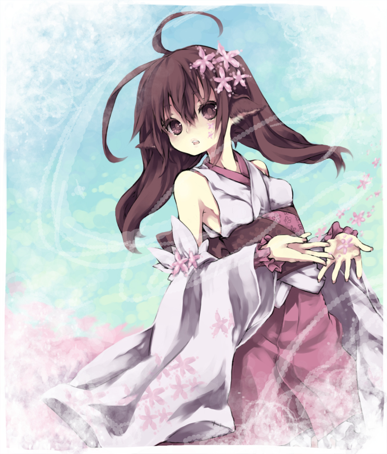 naco65, noa (kidoairaku), original, 1girl, animal ears, brown eyes, brown hair, detached sleeves, female focus, long hair, petals, solo, wind