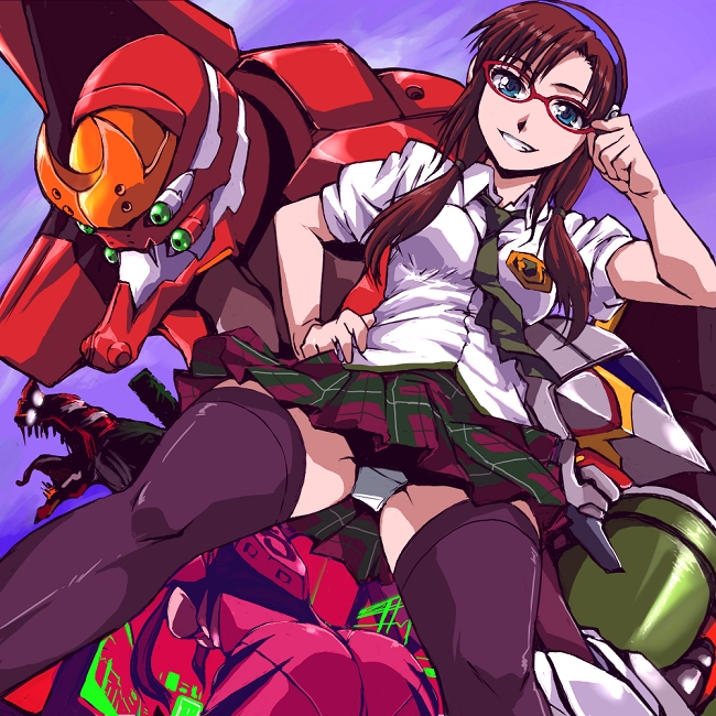 kamisimo 90, eva 02, makinami mari illustrious, evangelion: 2.0 you can (not) advance, neon genesis evangelion, rebuild of evangelion, bad id, bad pixiv id, 00s, 1girl, adjusting eyewear, ass, blue eyes, breasts, brown hair, glasses, legs apart, mecha pilot suit, panties, pantyhose, pantyshot, plaid clothes, plaid skirt, plugsuit (evangelion), school uniform, skirt, thighhighs, twintails, underwear, upskirt, view between legs, white panties