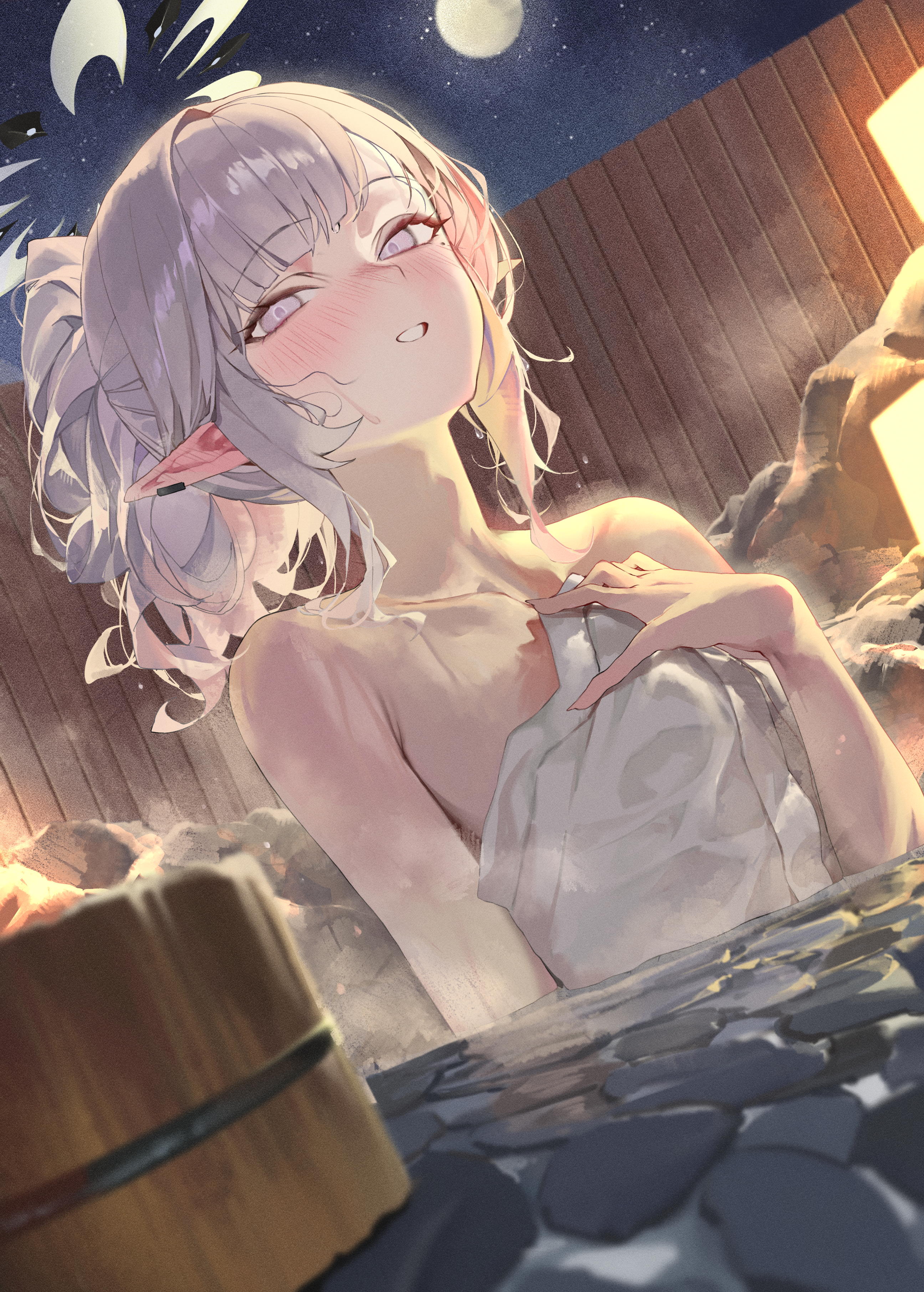 pepq, himari (blue archive), blue archive, absurdres, commentary request, highres, 1girl, bathing, blush, breasts, bucket, dutch angle, ear piercing, halo, lamp, long hair, looking at viewer, mole, mole under eye, moon, naked towel, night, onsen, outdoors, piercing, pointy ears, ponytail, purple eyes, small breasts, smile, solo, towel, wet, wet hair, white hair, white halo