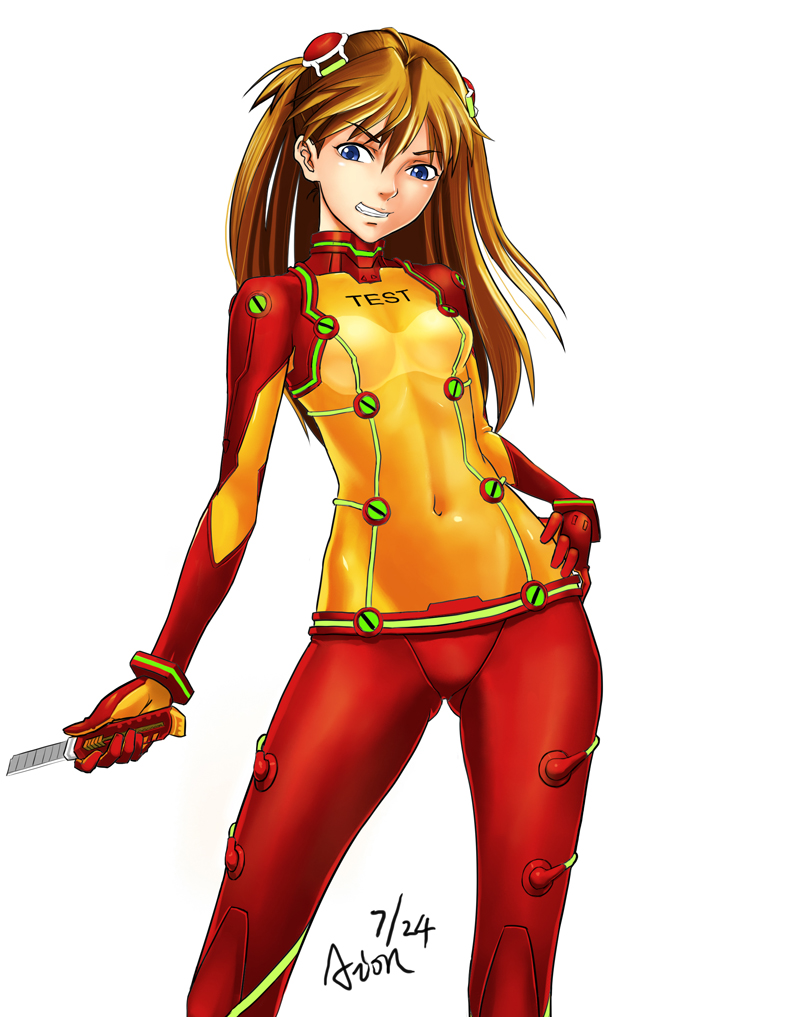 aion (warpfield), gaikou, souryuu asuka langley, evangelion: 2.0 you can (not) advance, neon genesis evangelion, rebuild of evangelion, bad id, bad pixiv id, 00s, 1girl, blue eyes, bodysuit, boxcutter, bracer, breasts, brown hair, cleavage, clothes writing, contrapposto, covered navel, cowboy shot, curvy, dated, english text, female focus, gloves, grin, hair between eyes, hair ornament, hairpods, hand on own hip, hip focus, holding, holding weapon, interface headset (evangelion), long hair, looking down, mecha pilot suit, navel, orange hair, plugsuit (evangelion), red bodysuit, see-through bodysuit, see-through cleavage, see-through clothes, shiny clothes, signature, simple background, skin tight, small breasts, smile, solo, standing, test plugsuit (evangelion), turtleneck, two side up, very long hair, weapon, white background, wide hips