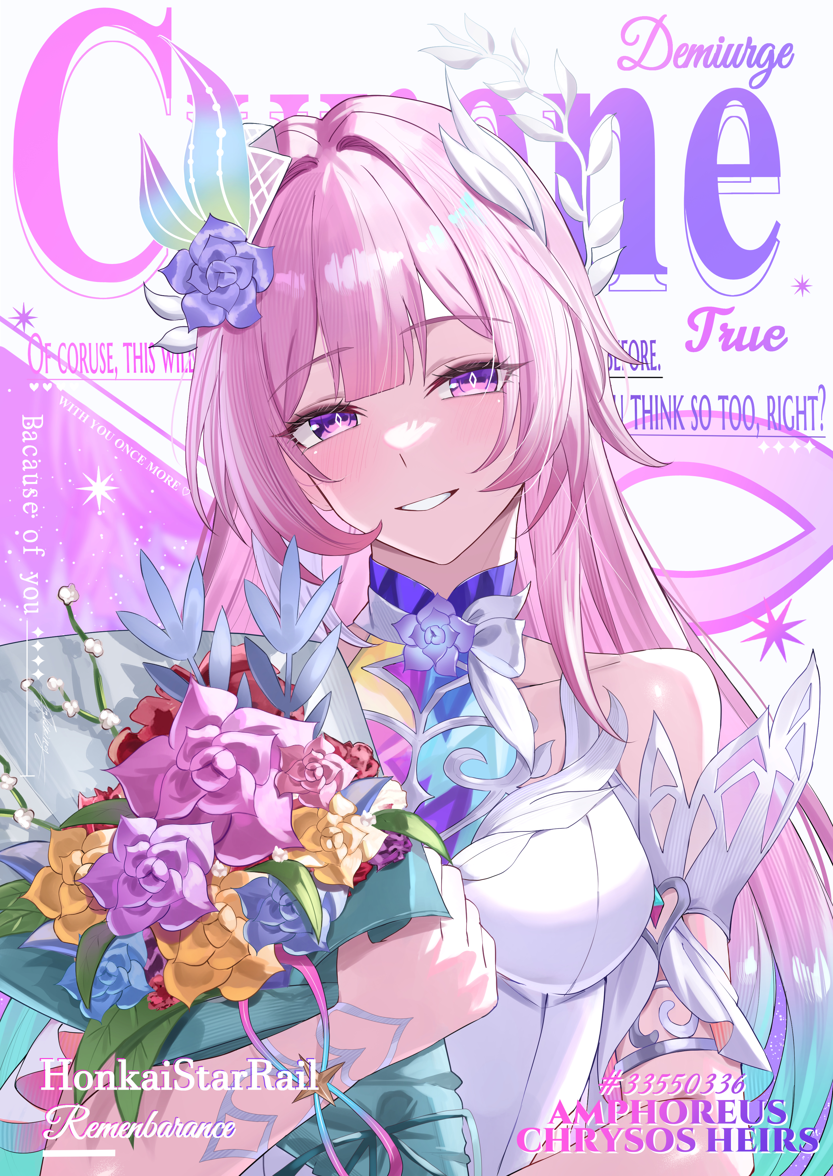 miya-chan (lightning0730), cyrene (honkai: star rail), cyrene (ripples of past reverie) (honkai: star rail), honkai: star rail, honkai (series), absurdres, commentary, highres, 1girl, armlet, bare shoulders, blush, bouquet, breasts, character name, cover, diamond-shaped pupils, diamond (shape), dress, fake magazine cover, flower, gradient hair, hair flower, hair ornament, holding, holding bouquet, jewelry, long hair, looking at viewer, magazine cover, medium breasts, multicolored hair, parted lips, pink hair, purple eyes, purple flower, purple rose, rose, smile, solo, symbol-shaped pupils, upper body, white dress