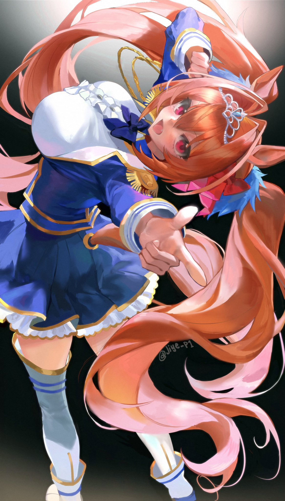 jiye p1, daiwa scarlet (peak blue) (umamusume), daiwa scarlet (umamusume), umamusume, bilingual commentary, commentary, english commentary, highres, mixed-language commentary, 1girl, :d, animal ears, blue jacket, blue skirt, breasts, brown hair, center frills, clothing cutout, epaulettes, fang, frills, from side, hair between eyes, hair intakes, hair ornament, horse ears, horse girl, horse tail, jacket, juliet sleeves, large breasts, layered legwear, layered skirt, long hair, long sleeves, looking at viewer, open mouth, pointing, pointing at viewer, puffy sleeves, red eyes, skirt, smile, solo, tail, tail through clothes, tiara, twintails, twitter username, very long hair