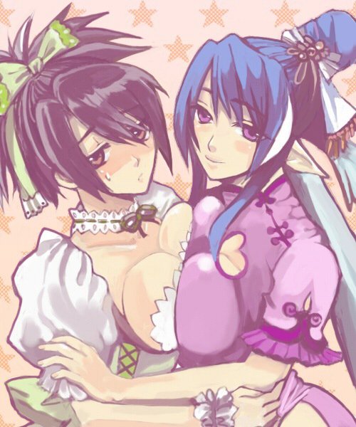 amamizu (chetore), chetore, fujibayashi sheena, judith (tales), tales of (series), tales of symphonia, tales of vesperia, 00s, 2girls, alternate costume, black hair, blue hair, breast press, breasts, cleavage, crossover, large breasts, multiple girls, pointy ears, purple eyes, symmetrical docking