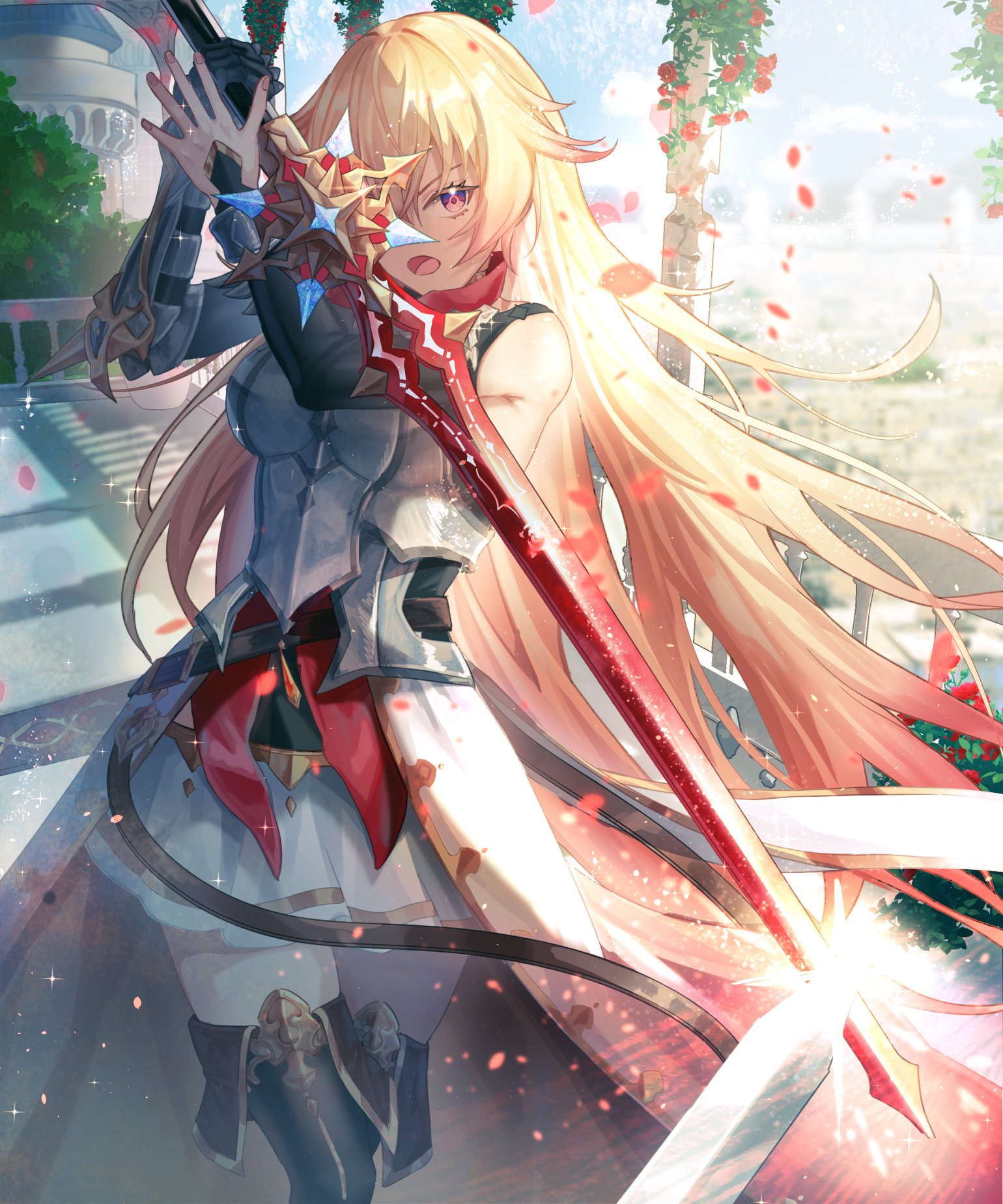 rin arizu, shadowverse, shadowverse: worlds beyond, commentary, english commentary, highres, 1girl, armor, black boots, black gloves, black shirt, black sleeves, blonde hair, boobplate, boots, breastplate, breasts, detached sleeves, elbow gloves, falling petals, gauntlets, gloves, gradient hair, high-low skirt, holding, holding sword, holding weapon, long hair, marie malisse (shadowverse: worlds beyond), medium breasts, multicolored hair, pauldrons, petals, purple eyes, red hair, red petals, shadow, shirt, shoulder armor, sidelighting, single bare shoulder, single gauntlet, single pauldron, skirt, sleeveless, sleeveless shirt, solo, sunlight, sword, thigh boots, weapon, white skirt