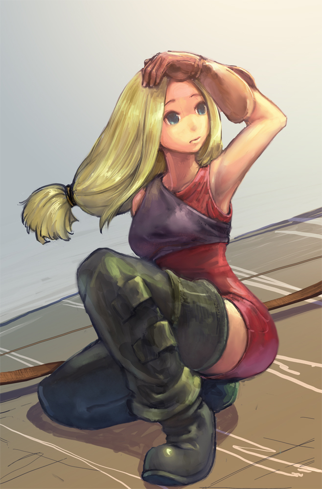 roten, archer (fft), final fantasy, final fantasy tactics, 1girl, armpits, blonde hair, blue eyes, boots, bow (weapon), dress, female focus, long hair, low-tied long hair, muneate, on one knee, ponytail, short dress, solo, thigh boots, thighhighs, weapon