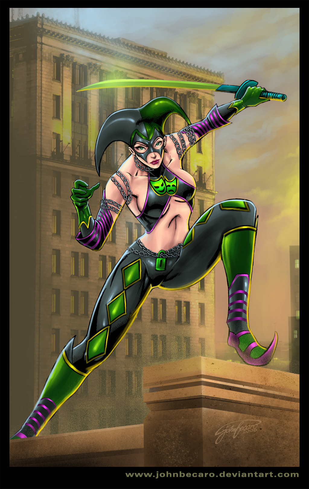 capcom, highres, 1girl, female focus, gloves, green eyes, hat, jester, lipstick, makeup, mask, solo