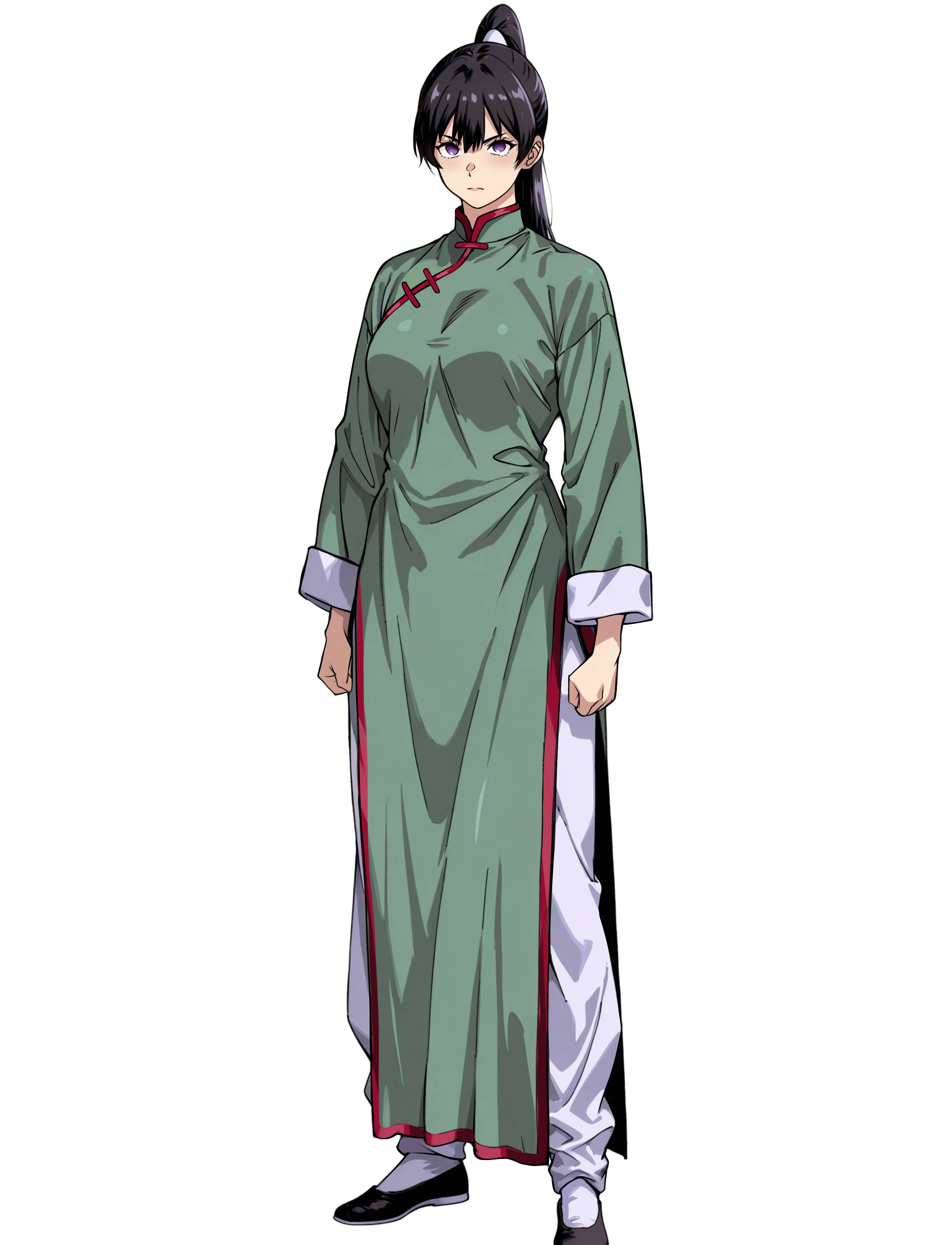 kokoro no koibito, original, absurdres, commentary request, highres, self-upload, 1girl, black hair, black shoes, brown eyes, china dress, chinese clothes, dress, fist in hand, green dress, kung fu, kung fu (ensemble stars!), long hair, long sleeves, martial arts, ponytail, serious, shoes, solo, standing