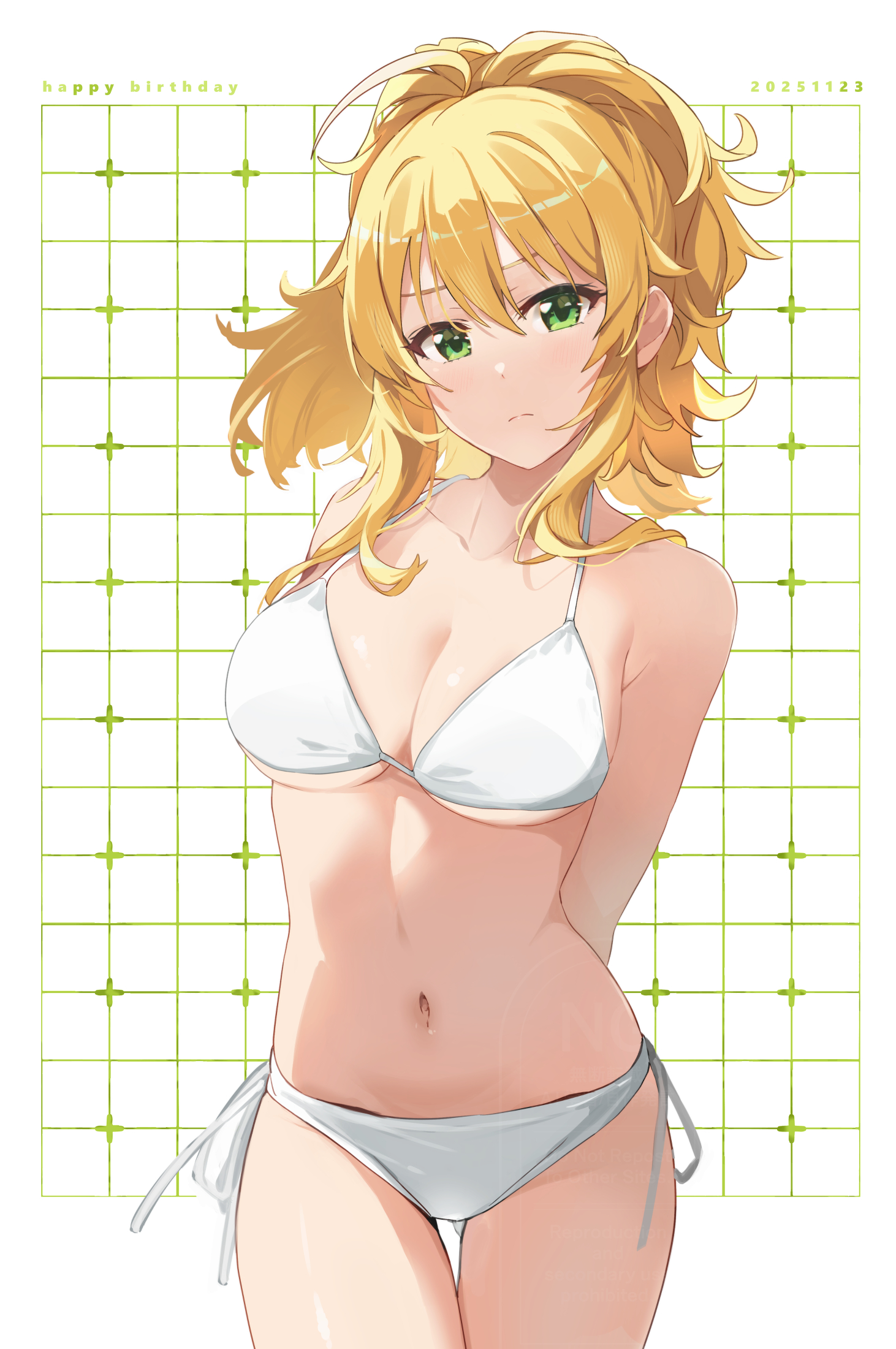 yoshito, hoshii miki, idolmaster, idolmaster (classic), idolmaster million live!, commentary, english commentary, highres, 1girl, arm behind back, bikini, blonde hair, breasts, cleavage, collarbone, dated, gluteal fold, green eyes, halterneck, happy birthday, large breasts, looking at viewer, navel, ponytail, short ponytail, side-tie bikini bottom, solo, stomach, string bikini, swimsuit, thigh gap, white bikini, wide ponytail