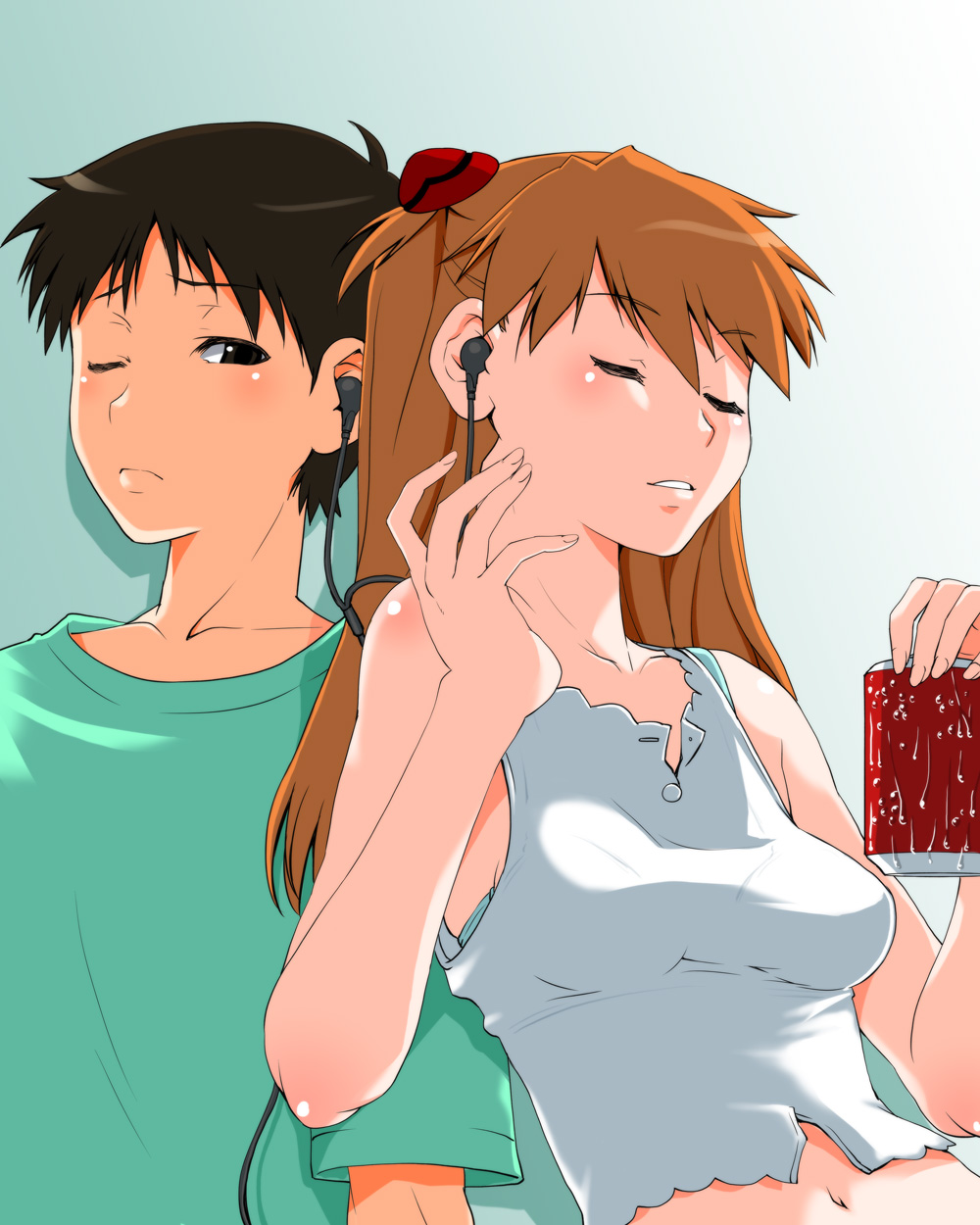 shinama, ikari shinji, souryuu asuka langley, neon genesis evangelion, highres, 1boy, 1girl, bare shoulders, blue eyes, brown hair, closed eyes, couple, hetero, long hair, navel