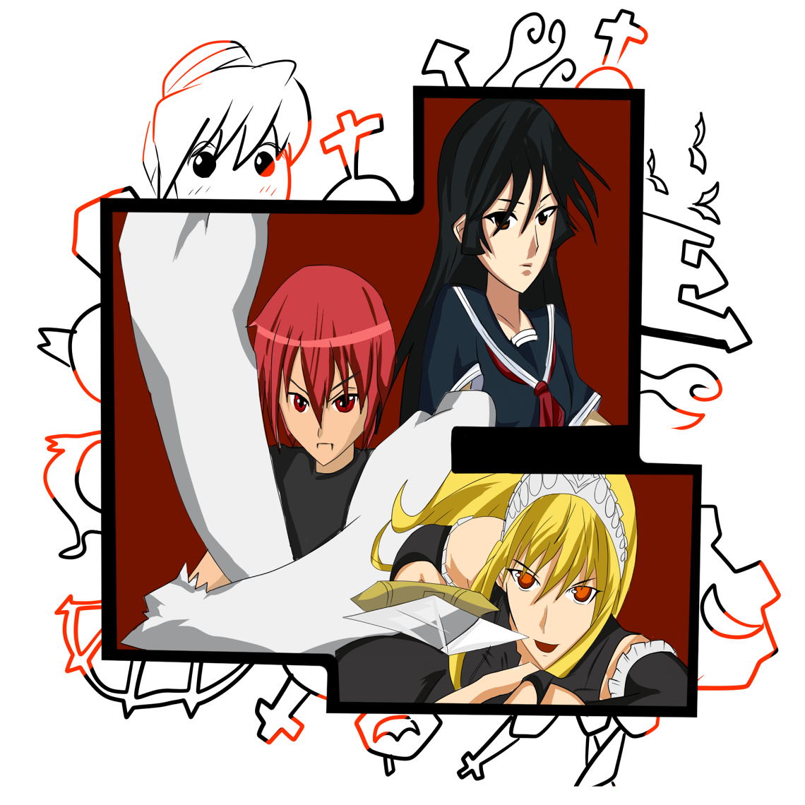 kaun cults, flandre (kaibutsu oujo), hime (kaibutsu oujo), kamura reiri, riza wildman, kaibutsu oujo, 00s, 4girls, black hair, blonde hair, female focus, maid, multiple girls, red hair, school uniform