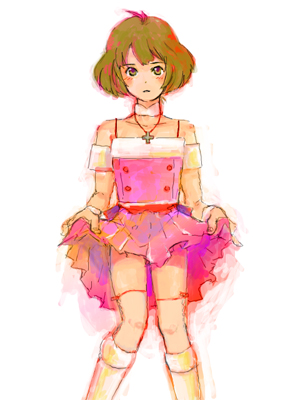 akizuki ryo, idolmaster, idolmaster dearly stars, lowres, 00s, 1boy, ahoge, bare shoulders, crossdressing, crossdressing (mtf), dress, male focus, solo, trap