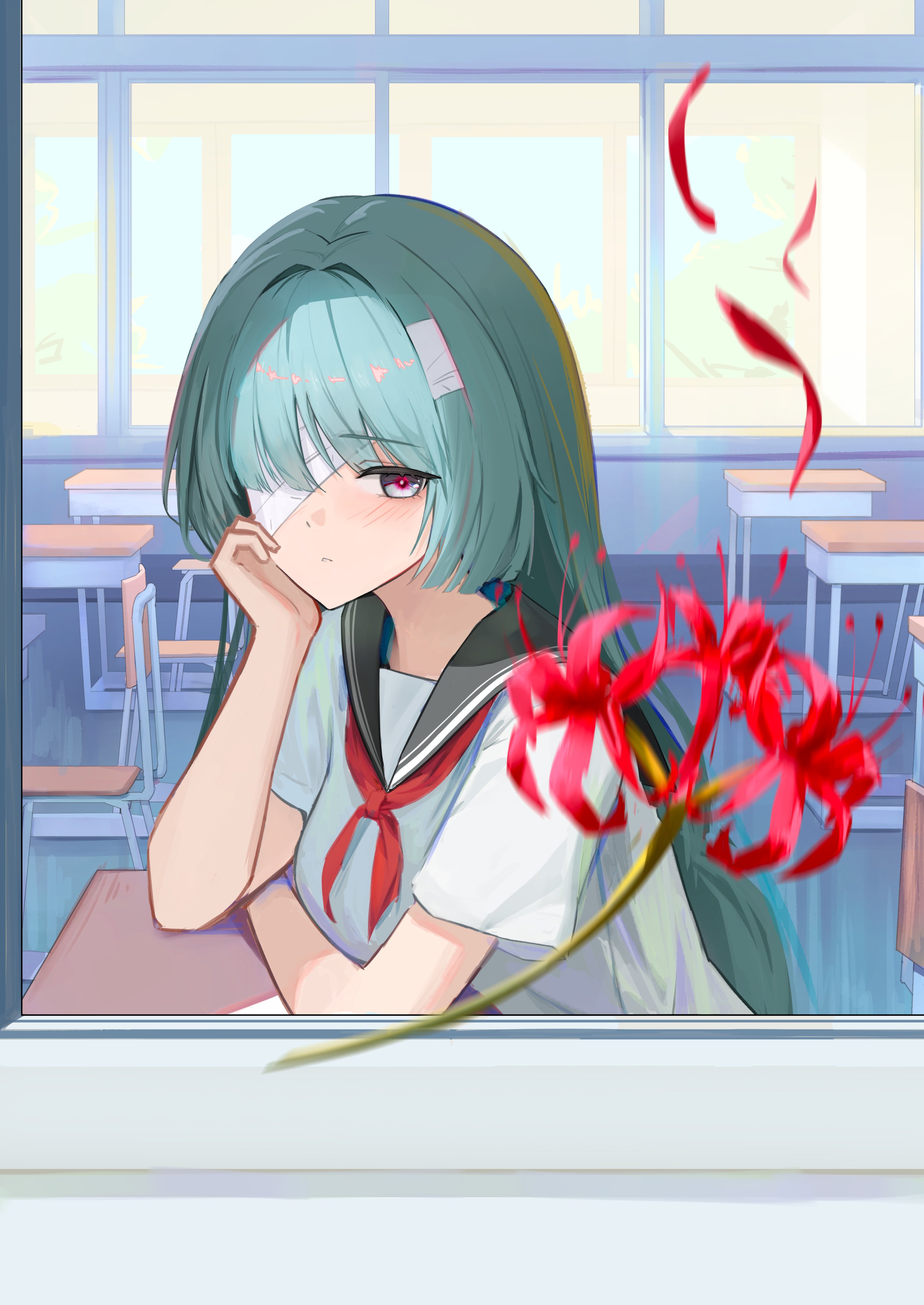 myumyu431, phrolova (wuthering waves), wuthering waves, absurdres, highres, 1girl, alternate costume, bandage over one eye, black sailor collar, breasts, classroom, closed mouth, desk, flower, from outside, from side, grey eyes, grey hair, head rest, indoors, light blush, long hair, looking at viewer, looking to the side, medium breasts, sailor collar, school desk, school uniform, shirt, short sleeves, solo, spider lily, white shirt