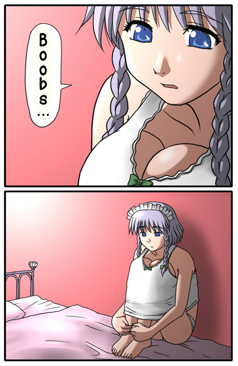 shiro sato, izayoi sakuya, touhou, silver hair, hard-translated, third-party edit, translated, 1girl, barefoot, bed, blue eyes, braid, breasts, comic, female focus, flat chest, hugging own legs, indoors, knee boobs, maid headdress, panties, parody, solo, tank top, twin braids, underwear
