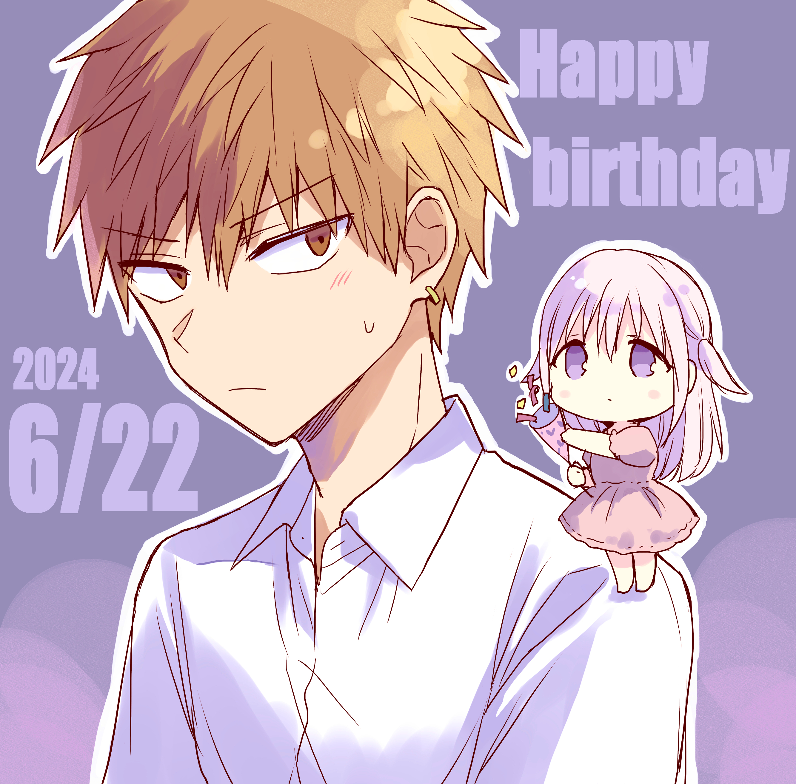 fukuma333, kashiwada-san, kao ni denai kashiwada-san to kao ni deru oota-kun, absurdres, commentary request, highres, 1boy, 1girl, brown eyes, brown hair, chibi, chibi inset, closed mouth, collared shirt, confetti, dated, dress, earrings, happy birthday, holding, holding party popper, jewelry, long hair, oota-kun, outline, party popper, pink dress, pink hair, purple background, purple eyes, shirt, short hair, small sweatdrop, solo focus, two side up, white outline, white shirt