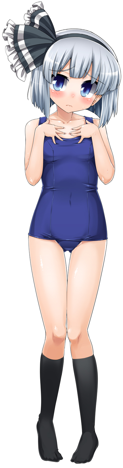 gengorou, konpaku youmu, touhou, silver hair, bad id, bad pixiv id, highres, long image, tall image, 1girl, 3:, black socks, blue eyes, blush, feet, female focus, hairband, hands on own chest, kneehighs, no shoes, one-piece swimsuit, school swimsuit, short hair, shy, simple background, socks, solo, standing, swimsuit