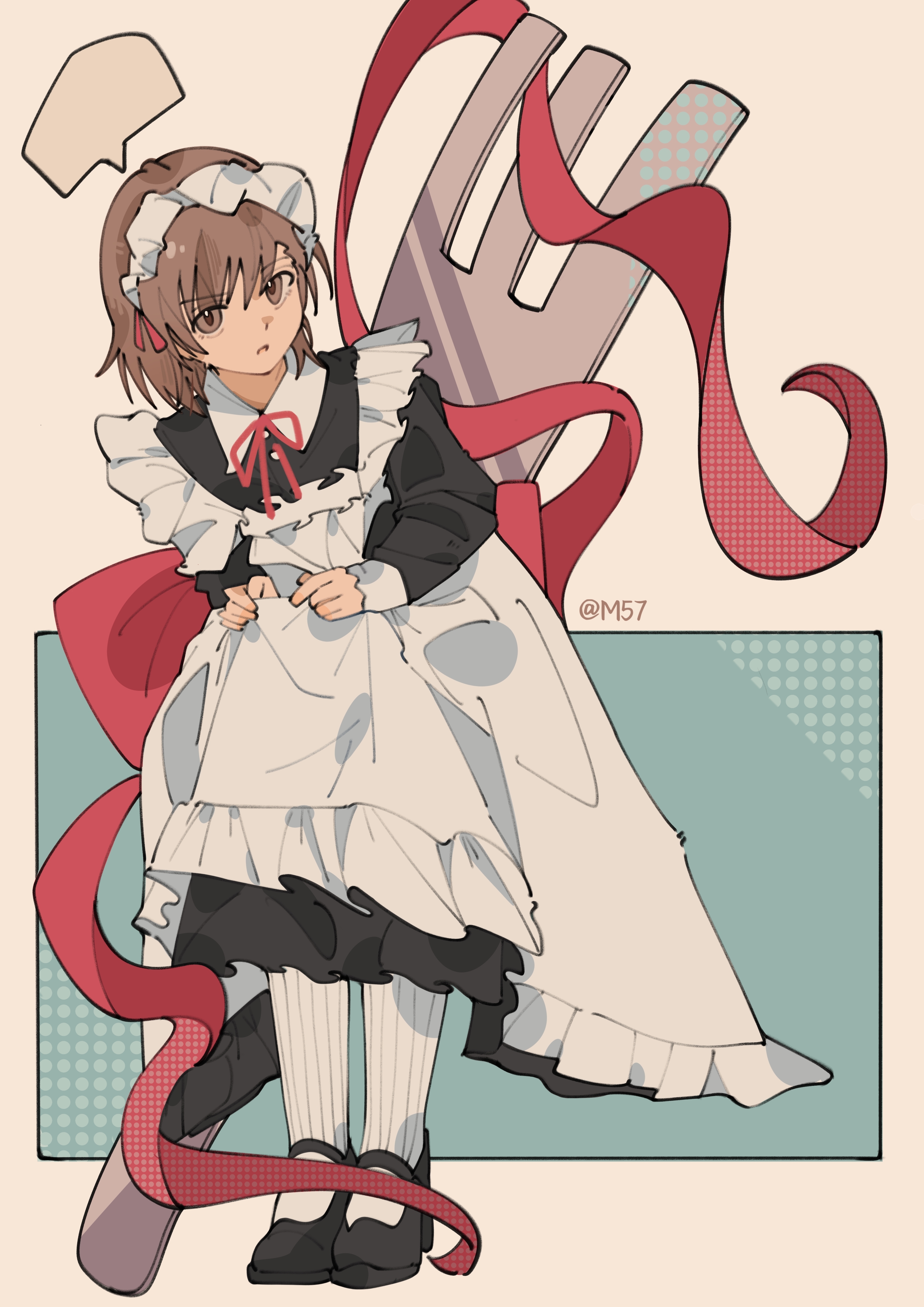 misaka mikoto, toaru kagaku no railgun, toaru majutsu no index, absurdres, commentary request, highres, photo-referenced, 1girl, alternate costume, apron, apron hold, apron lift, artist name, black dress, black shoes, blank speech bubble, bow, brown eyes, brown hair, clothes lift, dress, enmaided, frilled apron, frills, leaning forward, long sleeves, looking at viewer, m57, maid, maid apron, maid headdress, mary janes, neck ribbon, oversized fork, oversized object, parted lips, red bow, red ribbon, ribbon, shoes, short hair, solo, speech bubble, white apron, white headdress