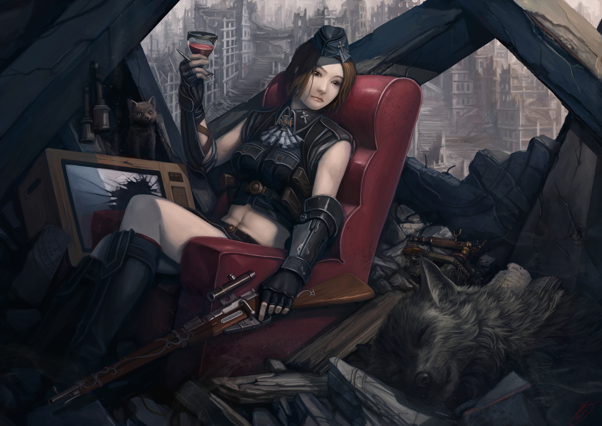 okita, original, 1girl, alcohol, armchair, boots, brown hair, bullet, cat, chair, cityscape, cup, drinking glass, explosive, female focus, fingerless gloves, gloves, grenade, gun, hand grenade, hat, midriff, military, military uniform, red upholstery, rifle, ruins, scope, short hair, sitting, sleeveless, sniper rifle, solo, stick grenade, stielhandgranate, television, vambraces, weapon, wine, wine glass, wolf