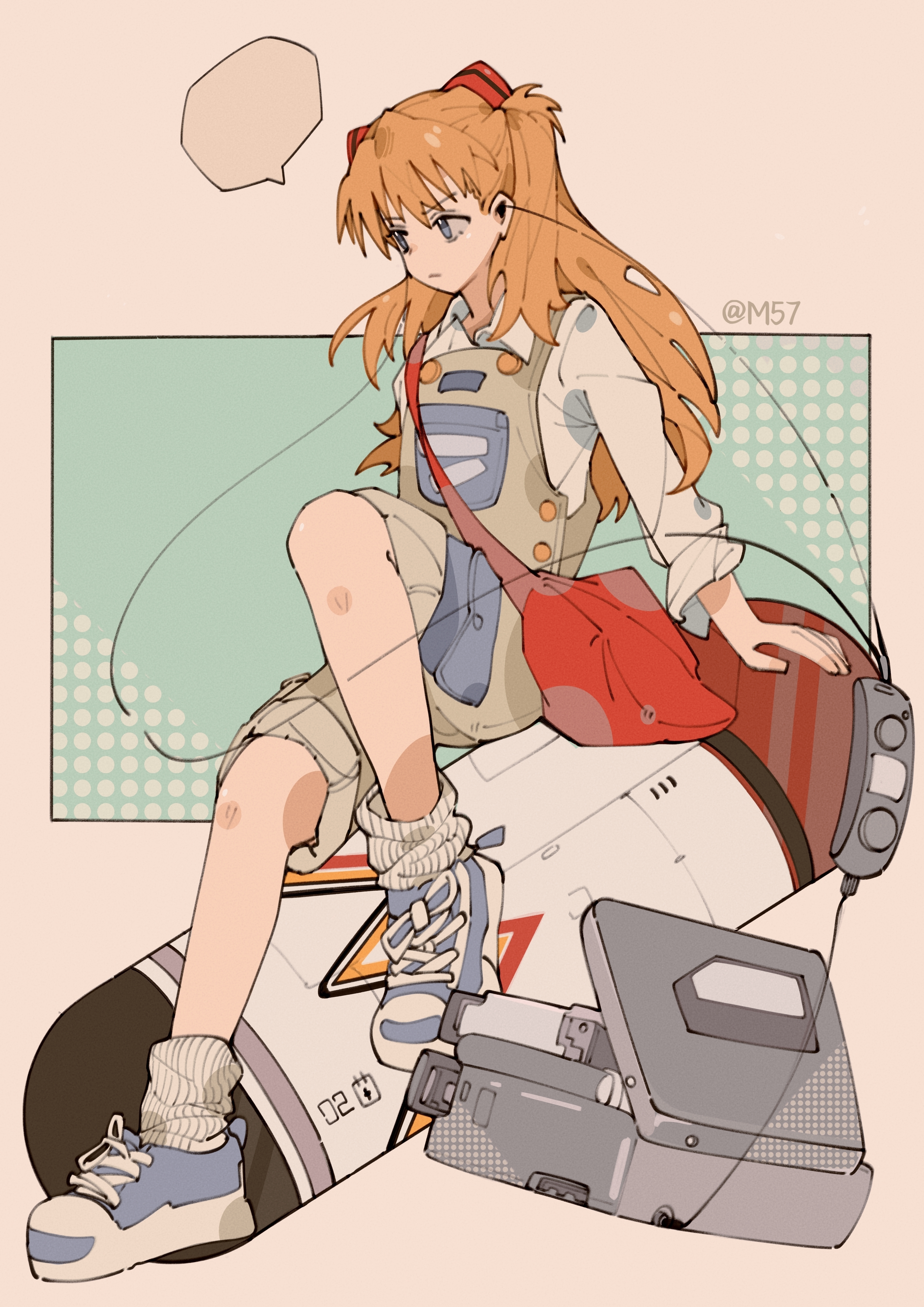 souryuu asuka langley, neon genesis evangelion, absurdres, highres, photo-referenced, 1girl, artist name, bag, blank speech bubble, closed mouth, earphones, full body, grey eyes, knee up, long hair, loose socks, m57, orange hair, overalls, pants, pants rolled up, red bag, shoes, shoulder bag, sneakers, socks, solo, speech bubble, white socks
