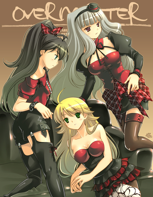 mame-p, ganaha hibiki, hoshii miki, shijou takane, idolmaster, idolmaster (classic), idolmaster sp, bad id, bad pixiv id, 00s, 3girls, bare shoulders, breasts, cleavage, couch, hat, mini hat, mini top hat, multiple girls, punkish gothic, thighhighs, top hat