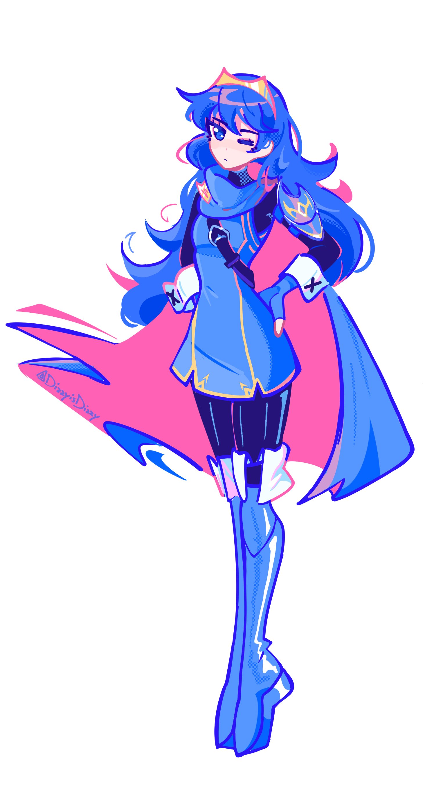 dizzyisdizzy, lucina (fire emblem), fire emblem, fire emblem awakening, nintendo, absurdres, commentary, english commentary, highres, 1girl, artist name, black pants, blue boots, blue cape, blue eyes, blue gloves, blue hair, boots, cape, fingerless gloves, full body, gloves, hands on own hips, knee boots, long hair, looking at viewer, one eye closed, pants, simple background, solo, white background, wrist cuffs