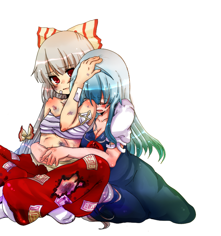 takamura, fujiwara no mokou, kamishirasawa keine, touhou, silver hair, bad id, bad pixiv id, 2girls, bandages, blue hair, blush, comforting, female focus, hair ribbon, hand on another's head, hug, hug from behind, indian style, injury, long hair, multiple girls, no shirt, pants, red eyes, ribbon, sarashi, sitting, tears