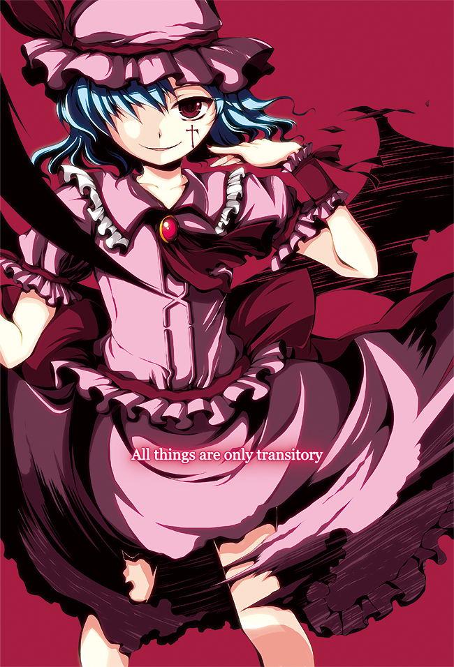 teramoto kaoru, remilia scarlet, touhou, bad id, bad pixiv id, 1girl, bat wings, blue hair, english text, female focus, hat, red eyes, short hair, solo, wings, wrist cuffs