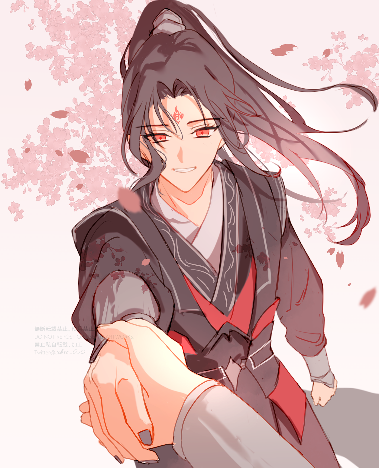 sakuramochi1003, luo binghe, shen qingqiu, zuiyin, renzha fanpai zijiu xitong, commentary request, highres, 2boys, black hair, black hanfu, chinese clothes, cowboy shot, curtained hair, falling petals, floating hair, foreshortening, grey nails, grin, hanfu, long hair, long sleeves, looking at viewer, male focus, multiple boys, open mouth, out of frame, parted bangs, petals, pink background, pink petals, ponytail, pov, pov hands, red eyes, shadow, sidelocks, smile, watermark