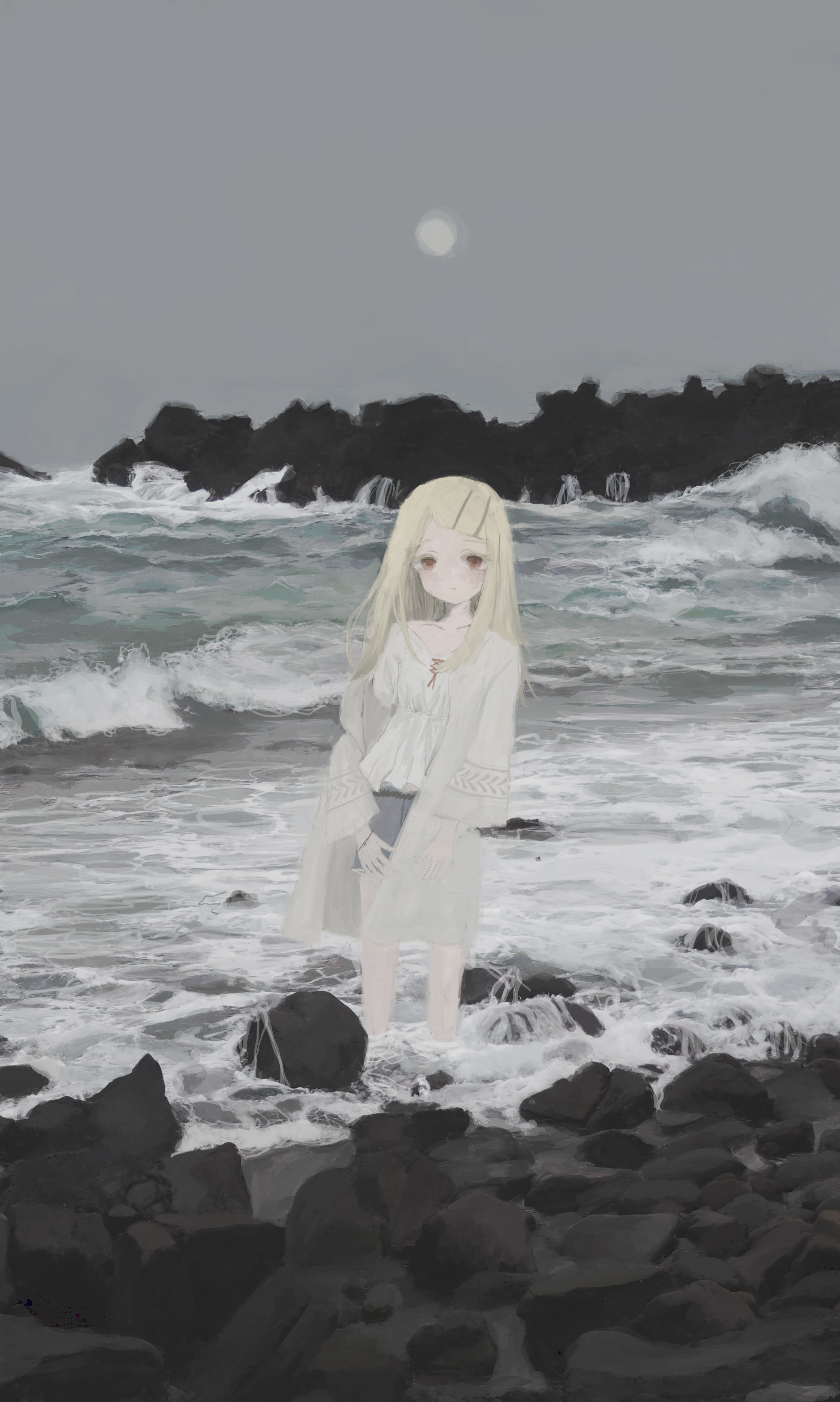 timesoe, shinosawa hiro, gakuen idolmaster, idolmaster, absurdres, commentary request, highres, 1girl, belt, black belt, blonde hair, boulder, camisole, collarbone, feet out of frame, grey shorts, grey sky, hair ornament, hairclip, horizon, long hair, long sleeves, looking at viewer, moon, ocean, open clothes, open robe, orange eyes, outdoors, parallel hairclips, parted bangs, parted lips, robe, rock, shorts, sky, solo, standing, wading, water, waves, white camisole, white robe, wristband