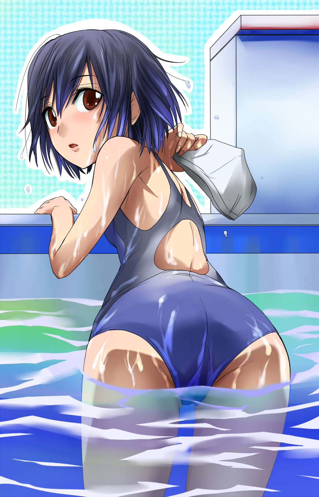ikusa ryuuji, nanasaki ai, amagami, highres, 1girl, ass, female focus, foreshortening, ikusau221e, looking back, one-piece swimsuit, pool, short hair, solo, swimsuit, wet