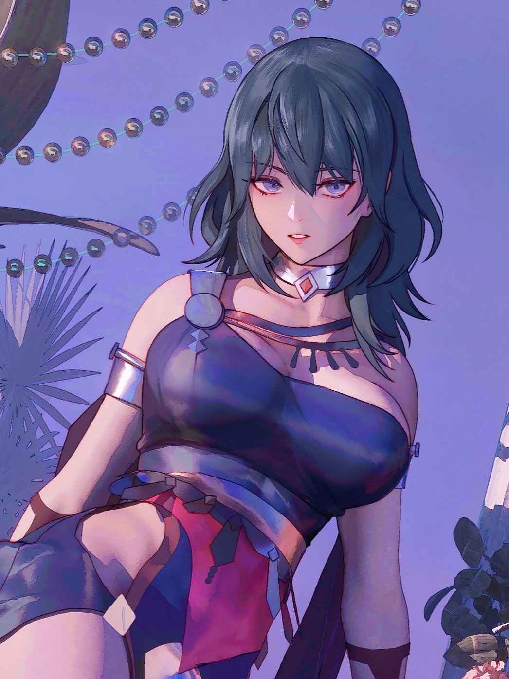 irisli0224, female byleth (fire emblem), fire emblem, fire emblem: three houses, nintendo, commentary, english commentary, highres, unfinished, 1girl, alternate costume, blue eyes, blue hair, breasts, collarbone, dancer, dancer (fire emblem: three houses), large breasts, looking at viewer, medium hair, parted lips, solo