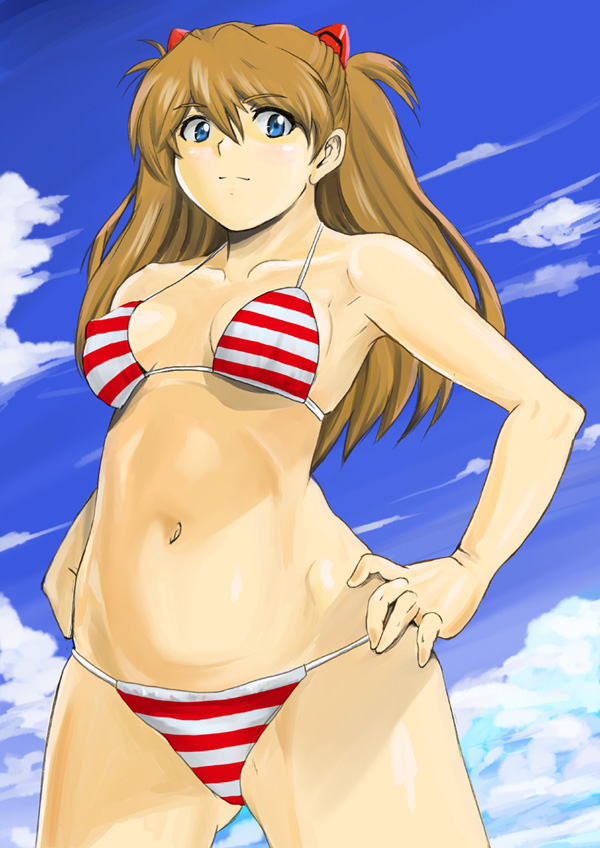 shu-z, souryuu asuka langley, neon genesis evangelion, 1girl, armpits, bare shoulders, bikini, blue eyes, brown hair, day, female focus, hands on own hips, hip focus, long hair, navel, smile, solo, striped bikini, striped clothes, swimsuit, twintails, two side up, wide hips