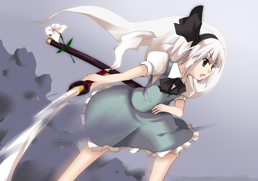 nodoka (artist), konpaku youmu, konpaku youmu (ghost), touhou, silver hair, bad id, bad pixiv id, 1girl, female focus, flower, hair ribbon, hitodama, katana, open mouth, ribbon, solo, sword, weapon