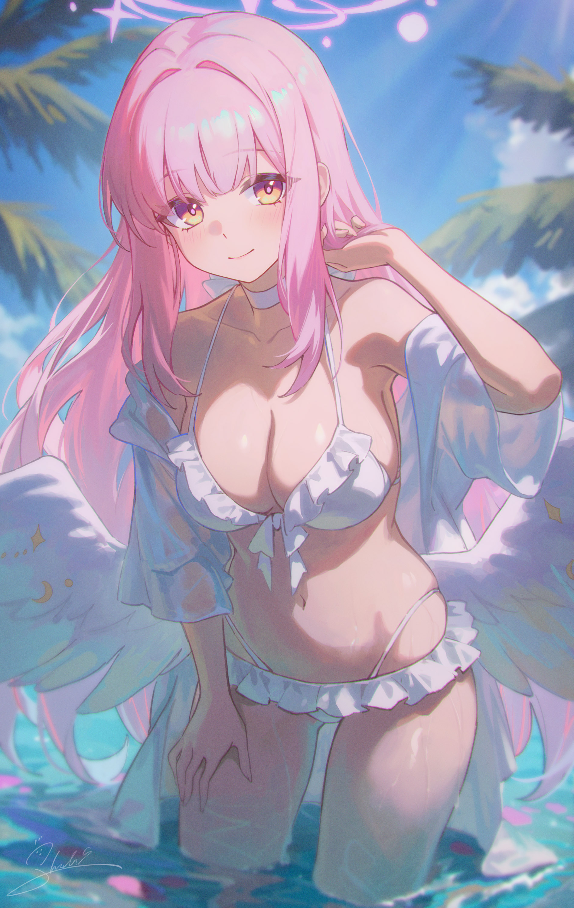 shali, mika (blue archive), mika (swimsuit) (blue archive), blue archive, absurdres, chinese commentary, commentary request, highres, 1girl, angel wings, artist name, bare shoulders, beach, bikini, blue sky, blurry, blush, breasts, cleavage, closed mouth, cloud, collarbone, crescent, day, depth of field, frilled bikini, frills, front-tie bikini top, front-tie top, halo, hand in own hair, hand on own thigh, hand up, long hair, looking at viewer, low wings, medium breasts, multi-strapped bikini bottom, navel, ocean, official alternate costume, outdoors, palm tree, petals, petals on liquid, pink hair, pink halo, see-through clothes, short sleeves, sidelocks, signature, sky, smile, solo, standing, star (symbol), stomach, sunlight, swimsuit, swimsuit cover-up, thighs, tree, very long hair, wading, water, wet, white bikini, wing ornament, wings, yellow eyes