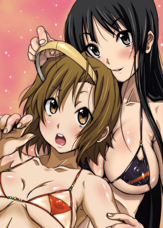 hirokawa kouichirou, akiyama mio, tainaka ritsu, k-on!, 00s, 2girls, alternate hairstyle, bikini, black hair, blush, breasts, brown hair, covered erect nipples, hair down, hairband, large breasts, micro bikini, multiple girls, string bikini, surprised, swimsuit, unworn hairband, unworn headwear