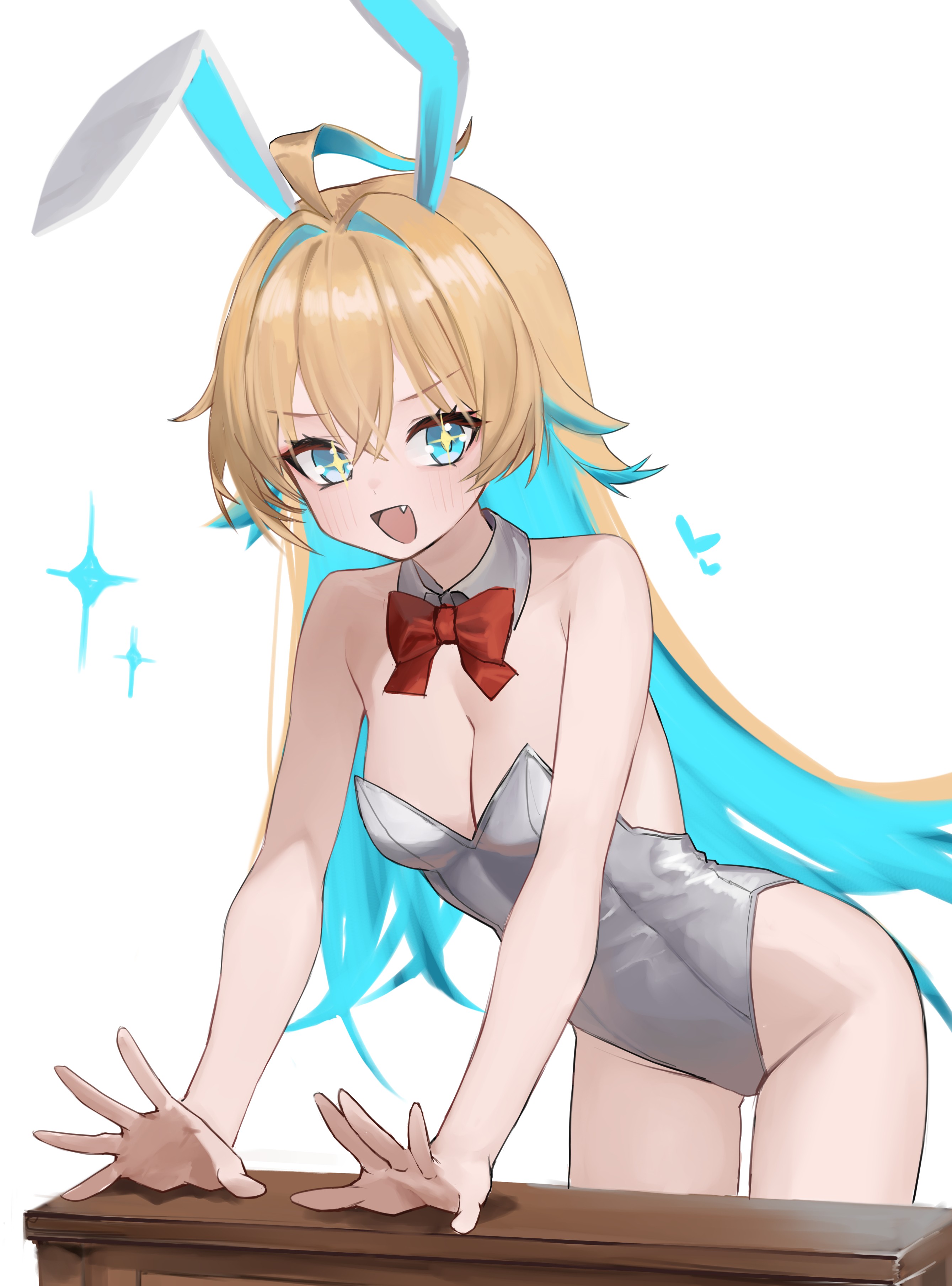 ritaiya, ralmia (shadowverse), shadowverse, absurdres, commentary, highres, 1girl, ahoge, animal ears, aqua eyes, blonde hair, bow, bowtie, breasts, cleavage, crossed bangs, detached collar, fake animal ears, fang, hair between eyes, leaning forward, leotard, long hair, looking at viewer, open mouth, playboy bunny, rabbit ears, red bow, red bowtie, solo, star-shaped pupils, star (symbol), strapless, strapless leotard, symbol-shaped pupils, white leotard