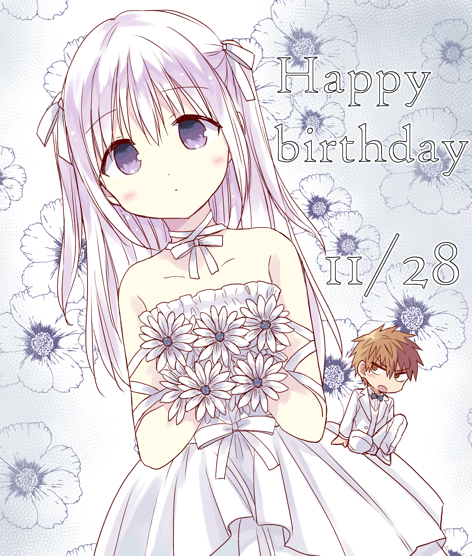 fukuma333, kashiwada-san, kao ni denai kashiwada-san to kao ni deru oota-kun, commentary request, highres, 1boy, 1girl, bare shoulders, bouquet, brown eyes, brown hair, chibi, chibi inset, dress, expressionless, flower, hair ribbon, happy birthday, holding, holding bouquet, jacket, light blush, long hair, oota-kun, pants, pink hair, purple eyes, ribbon, short hair, solo focus, strapless, strapless dress, two side up, white background, white dress, white flower, white jacket, white pants, white ribbon